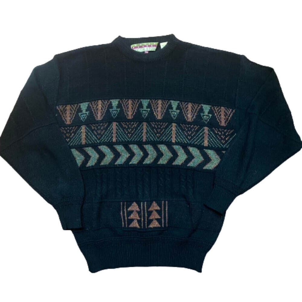 Touch Stone Vintage Acrylic Abstract Black Green Brown Sweater Men's Size XL